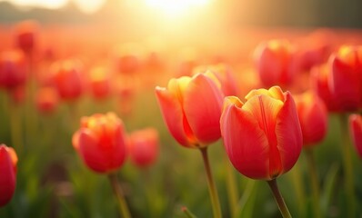 Vibrant tulip fields at sunset