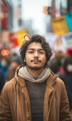 Fototapeta premium A man wearing a brown jacket and a scarf. AI.