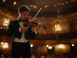 Fototapeta premium A violinist performs on stage. AI.