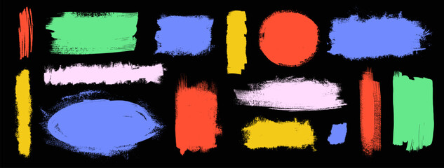 Mondrian-inspired colorful blotches. Vector bright childish hand-painted circles, long straight brush lines, rectangles. Ink brush shapes. Vector hand drawn grungy texture set. Dirty distressed shapes