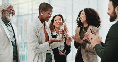 Business people, applause and success in office for award, achievement or employee development....