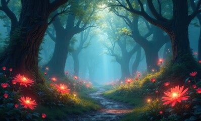 Enchanting misty forest with blooming flowers