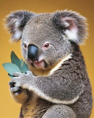 Obraz premium Koala holding eucalyptus leaves. AI.