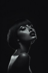 Fototapeta premium A pale skinned model with bold make-up, chin length haircut, in dark studio. smokey make-up. Fashion. Hairstyle. Cosmetics. Style. Black and white. 