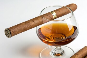 Close-Up of a Glass of Cognac with a Cigar Resting on Top Against a White Background, Symbolizing Luxury and Indulgence in a Stylish Setting