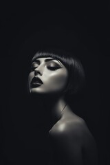 Fototapeta premium A pale skinned model with bold make-up, chin length haircut, in dark studio. smokey make-up. Fashion. Hairstyle. Cosmetics. Style. Black and white. 