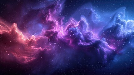 Abstract cosmic nebula with swirling clouds of gas and dust in shades of blue, pink, and purple against a backdrop of twinkling stars.