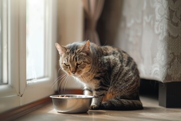 A tabby cat eats from a bowl of food on a wooden floor.