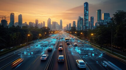 Fototapeta premium A city skyline with cars driving on a highway with digital icons and a sunset sky.
