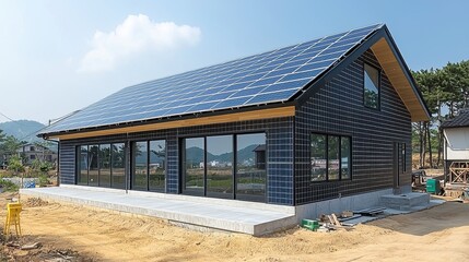 Sustainable modern house with solar panels under clear blue sky in a rural setting during daytime