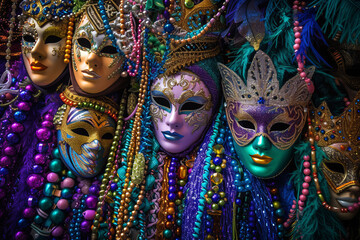 A display of various Mardi Gras beads arranged artfully and intertwined with masks of diverse shapes and designs, all illuminated by striking stage lighting.