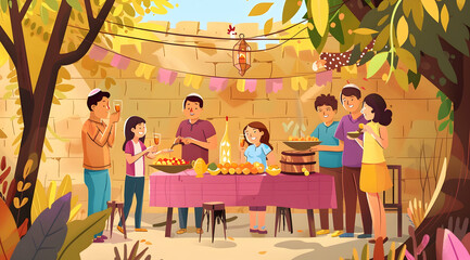 Family Gathering Illustration - Festive Meal in a Backyard