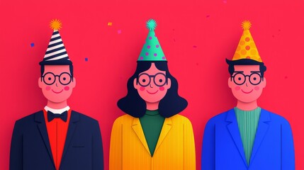 Three cheerful individuals wearing party hats, celebrating a festive occasion with joy and excitement.