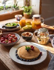 Rustic Kitchen With Freshly Brewed Herbal Teas, Vegan Pancakes, and Organic Fruits for a Healthy and Relaxing Morning Breakfast Without the Crowd