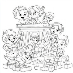 Fototapeta premium A group of friends building a fort, coloring page for kids, simple outline illustration. Coloring book, simple lines.