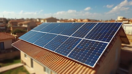 Modern solar panels installed on a residential roof in a sunny neighborhood, showcasing sustainable energy solutions for homes