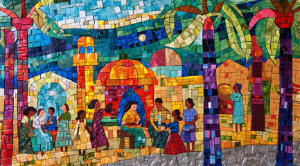 Colorful Mosaic Illustration of a Town Scene