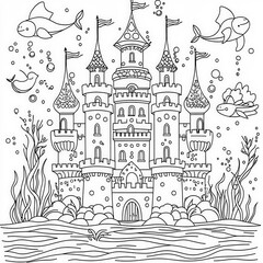 Fototapeta premium An underwater palace with mermaids, coloring page for kids, simple outline illustration. Coloring book, simple lines.