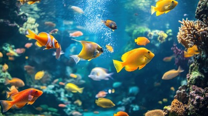 Fototapeta na wymiar A Colorful School of Fish Swimming Amidst Coral Reefs