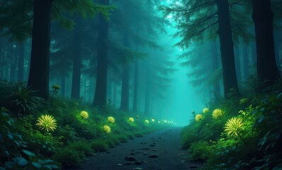 Mysterious forest path with glowing flowers