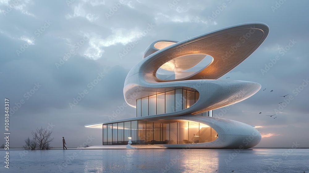 Poster perspective view of a futuristic tower with curved shapes