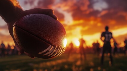Closeup of a Football Held by a Player Against a Blurred Sunset Background with Silhouettes of Other Players