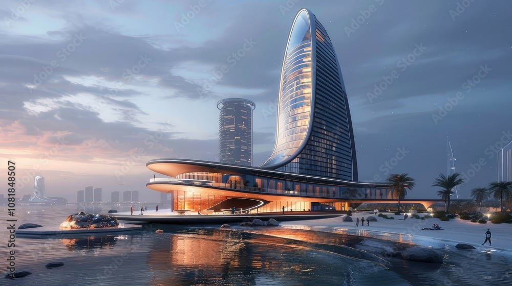 Poster perspective view of a futuristic tower with curved shapes