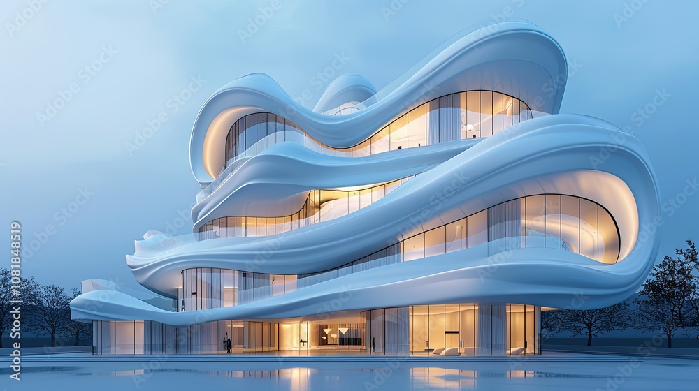 Poster perspective view of a futuristic tower with curved shapes
