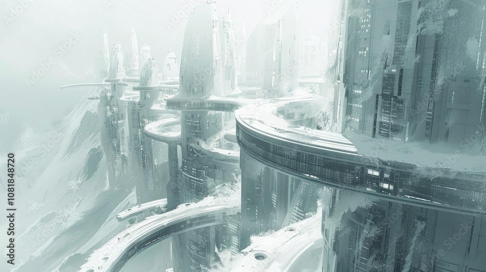 Poster perspective view of a futuristic tower with curved shapes