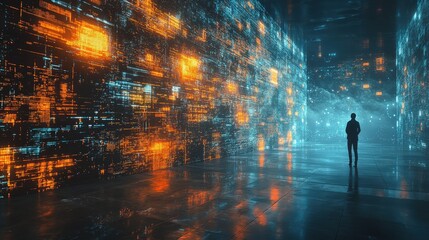 A silhouette of a person stands in a futuristic digital environment, surrounded by vibrant data streams and glowing patterns.