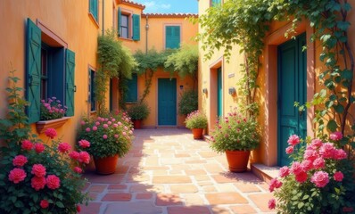 Charming courtyard with vibrant flowers