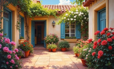 Charming courtyard with blooming flowers