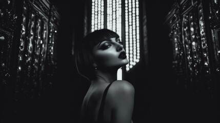 A pale skinned model with bold make-up, chin length haircut, in dark studio. smokey make-up. Fashion. Hairstyle. Cosmetics. Style. Black and white.	
