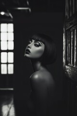 A pale skinned model with bold make-up, chin length haircut, in dark studio. smokey make-up. Fashion. Hairstyle. Cosmetics. Style. Black and white.	
