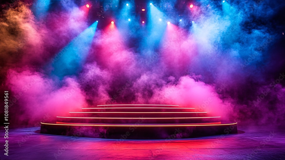 Aufkleber multi-tiered neon platform with bright edges and vertical beams in vibrant pinks and purples under a