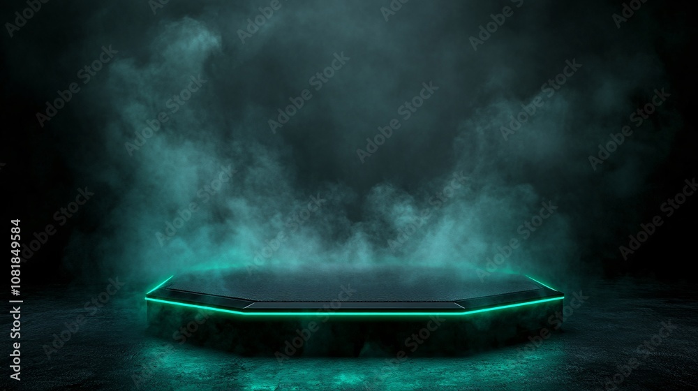 Aufkleber Luminous hexagonal platform with intense neon lights creating a high-tech feel in a foggy dark environment with vertical beams for a teleportation effect with side empty space for text Stockphoto