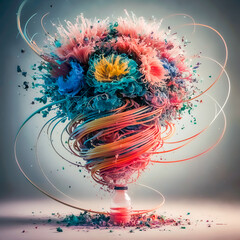 Metamorphosis, the transformation of a plastic bottle into a beautiful bouquet of flowers. Conceptual art about waste recycling.