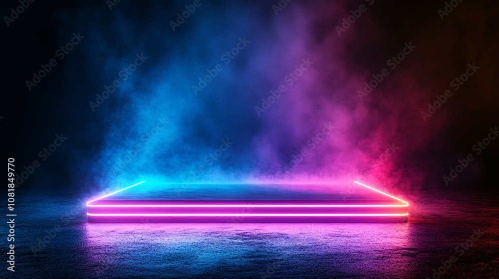 Poster Geometric neon platform highlighted in vibrant purples and blues with beams illuminating vertically against a smoky black background for a sci-fi theme with side empty space for text Stockphoto style