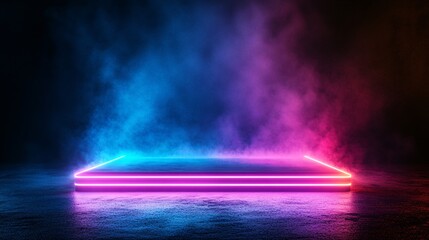 Geometric neon platform highlighted in vibrant purples and blues with beams illuminating vertically against a smoky black background for a sci-fi theme with side empty space for text Stockphoto style