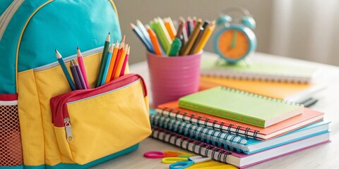 Colorful Back to School Supplies: Vibrant Backpack, Book Bag, Colored Pencils, Pens, and Notebooks for a Fun Learning Environment
