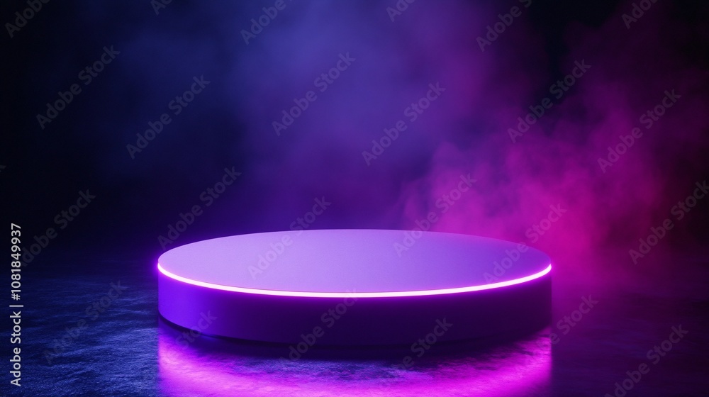 Poster Geometric neon platform highlighted in vibrant purples and blues with beams illuminating vertically against a smoky black background for a sci-fi theme with side empty space for text Stockphoto style