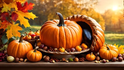 A large orange pumpkin with a pie crust around it and a basket of nuts and small pumpkins in front of it.