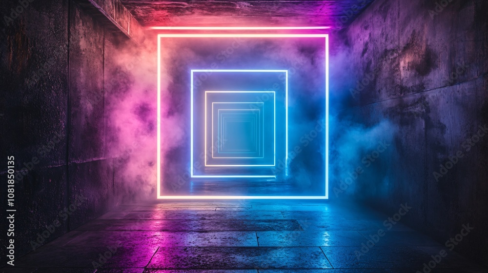 Aufkleber Stacked neon circle and square shapes glowing with blue and purple beams rising from a dark foggy background creating a sci-fi display with side empty space for text Stockphoto style