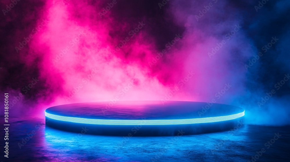 Aufkleber pentagon-shaped neon platform with vertical pink and blue beams radiating upward in a smoky environm