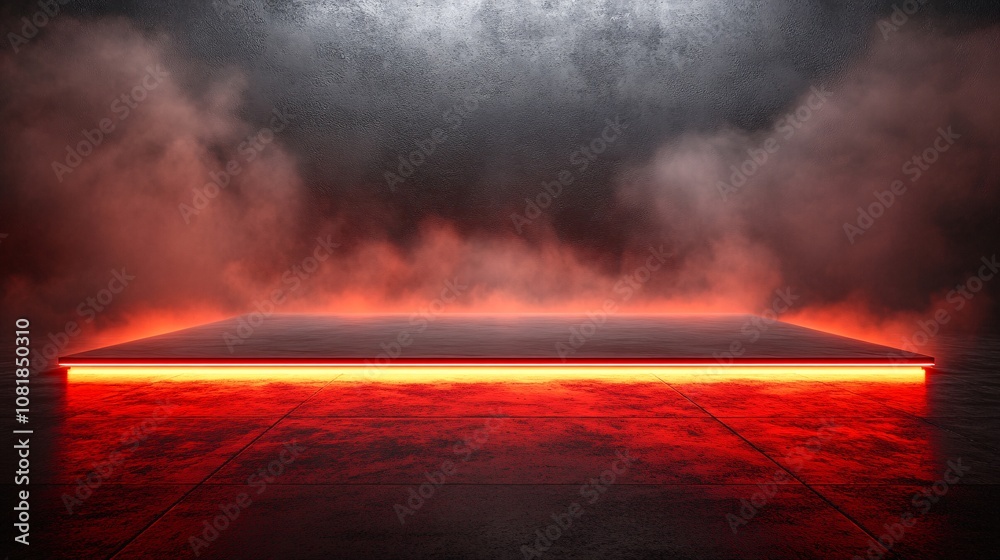 Poster Floating triangular neon platform with intense beams against a dark mist-filled backdrop evoking a high-tech and futuristic atmosphere with side empty space for text Stockphoto style
