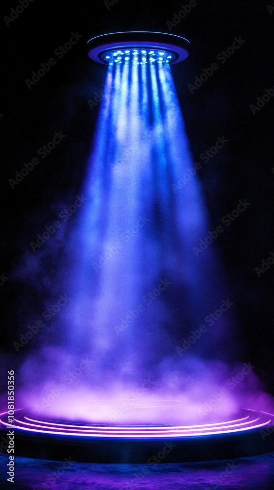 Poster Futuristic circular stage with neon blue and purple beams extending upward against a foggy black background resembling a teleportation device with side empty space for text Stockphoto style