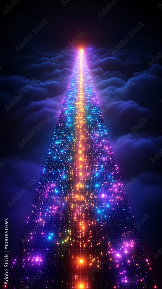 Aufkleber Neon-lit geometric platform with vibrant lights rising vertically in a dark mist-filled setting creating a high-tech sci-fi display with side empty space for text Stockphoto style