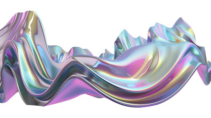 A fluid, iridescent wave-like structure with smooth curves and vibrant colors.