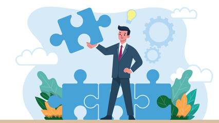 Office man holding a puzzle piece, representing finding solutions, with a lightbulb above his head, flat vector.