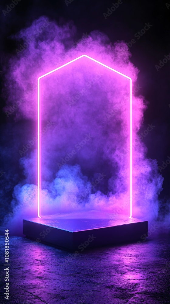 Poster Octagonal glowing platform surrounded by intense neon lights and smoky atmosphere for a futuristic tech presentation with side empty space for text Stockphoto style